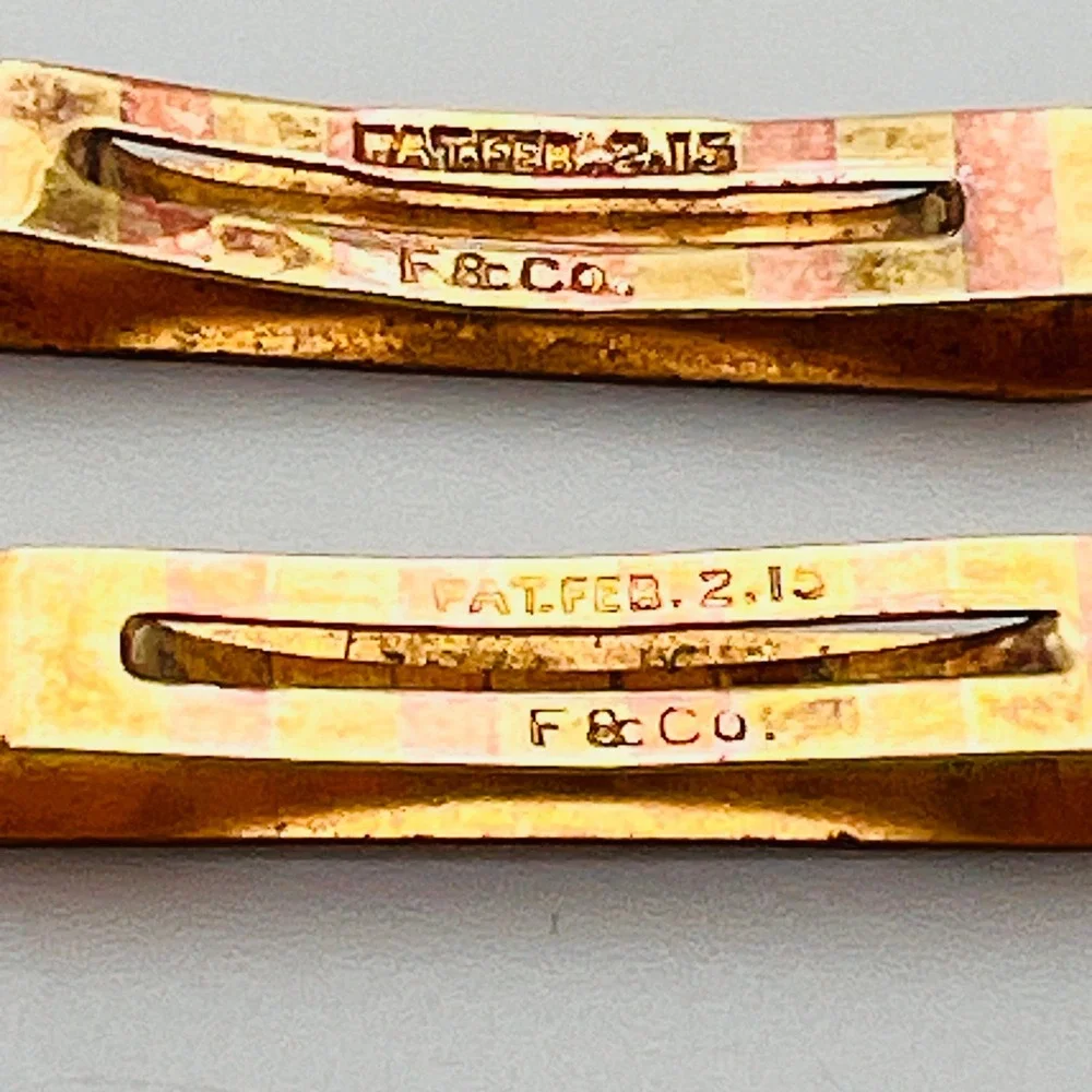 Antique F & Co Engraved Collar Clips Gold Tone Pat 1915 Set 2 Edwardian